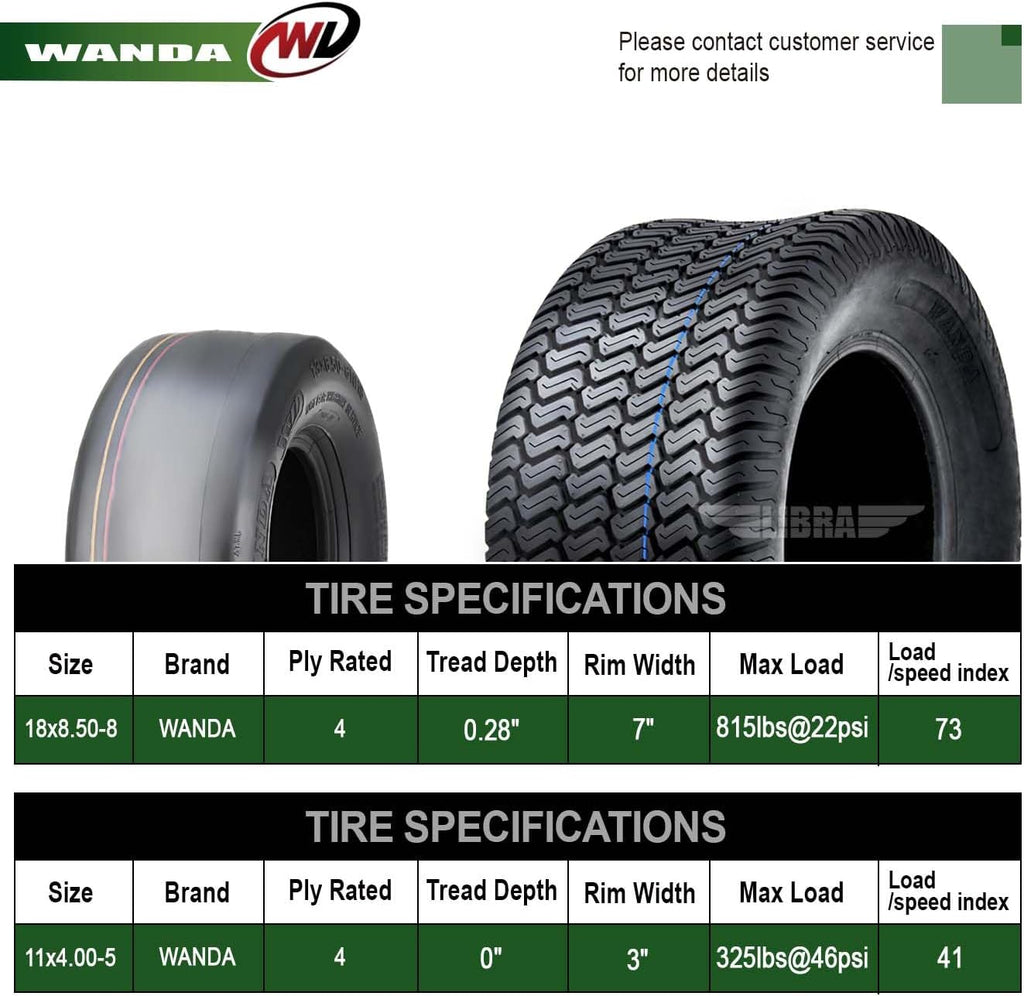 WANDA Set 4 Zero-Turn Lawn Mower Turf Tires 11x4-5 Front & 18x8.5-8 Rear /4PR -13204/13028...