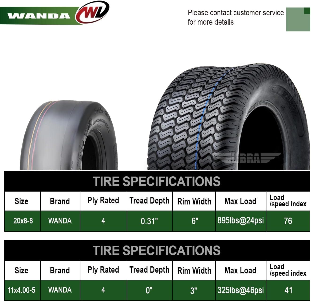WANDA Set 4 Zero-Turn Lawn Mower Turf Tires 11x4-5 Front & 20x8-10 Rear /4PR -13204/13039