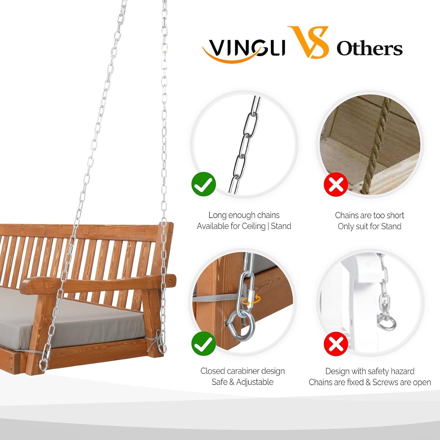 VINGLI 6 FT Outdoor Porch Swing Daybed, Upgraded Patio Hanging Swing Sofa Bench with Cushions Support 880 LBS for Yard, Garden, Brown