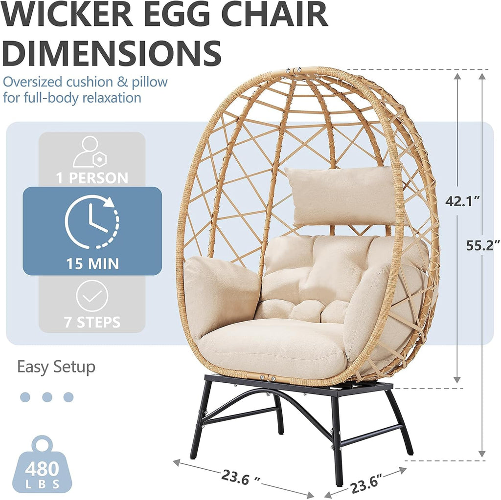 SWITTE Wicker Egg Chair Outdoor, Oversized Patio Lounge Chairs with Cushion for Indoor Living Room, Bedroom, Outside Backyard Balcony-Beige