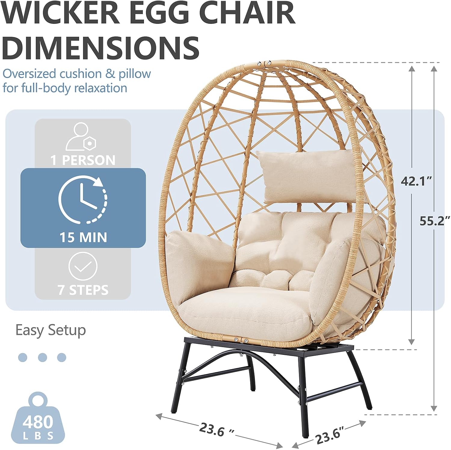 SWITTE Wicker Egg Chair Outdoor, Oversized Patio Lounge Chairs with Cushion for Indoor Living Room, Bedroom, Outside Backyard Balcony-Beige