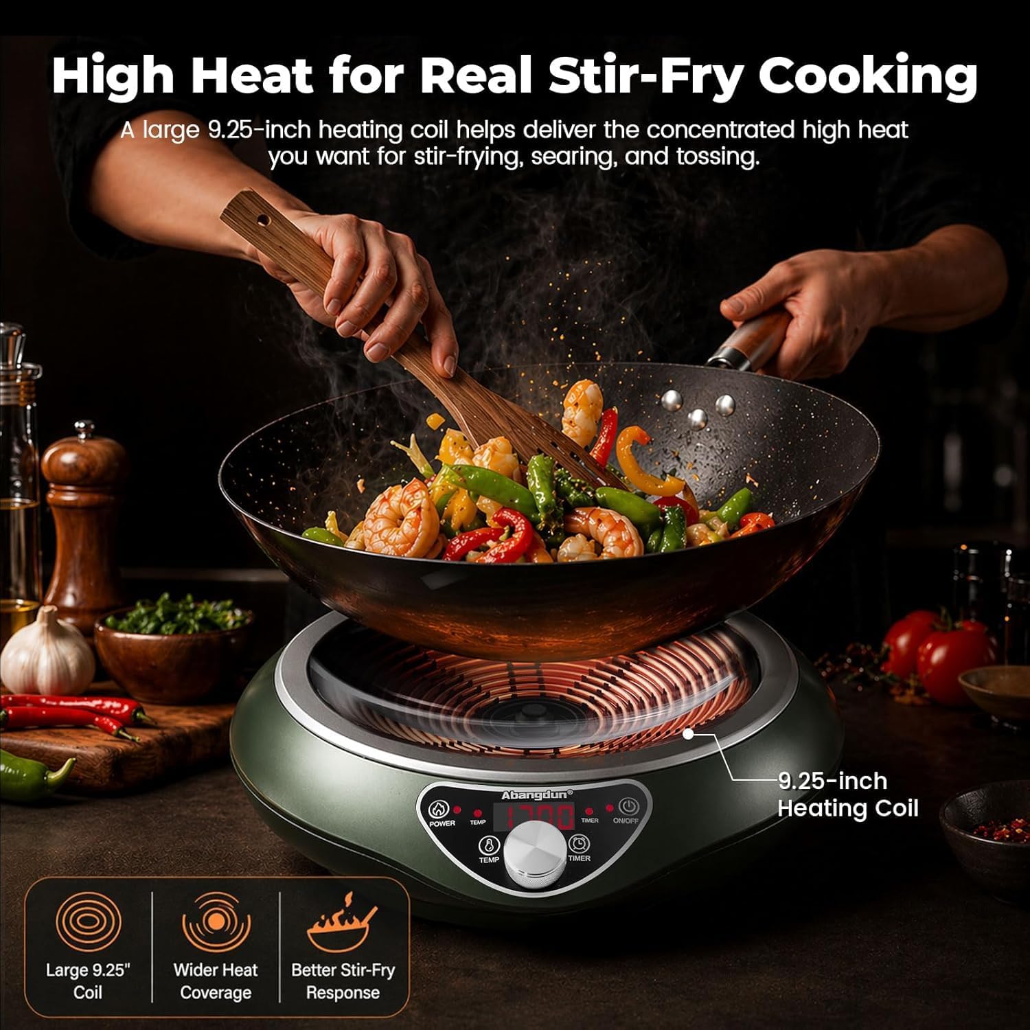 1700W 120V Concave Induction Wok Cooktop, 9.25-Inch Coil, Steady Low-Heat Control, 16 Power Levels, ETL Listed Portable Countertop Burner for Round-Bottom Woks & Flat-Bottom Pans