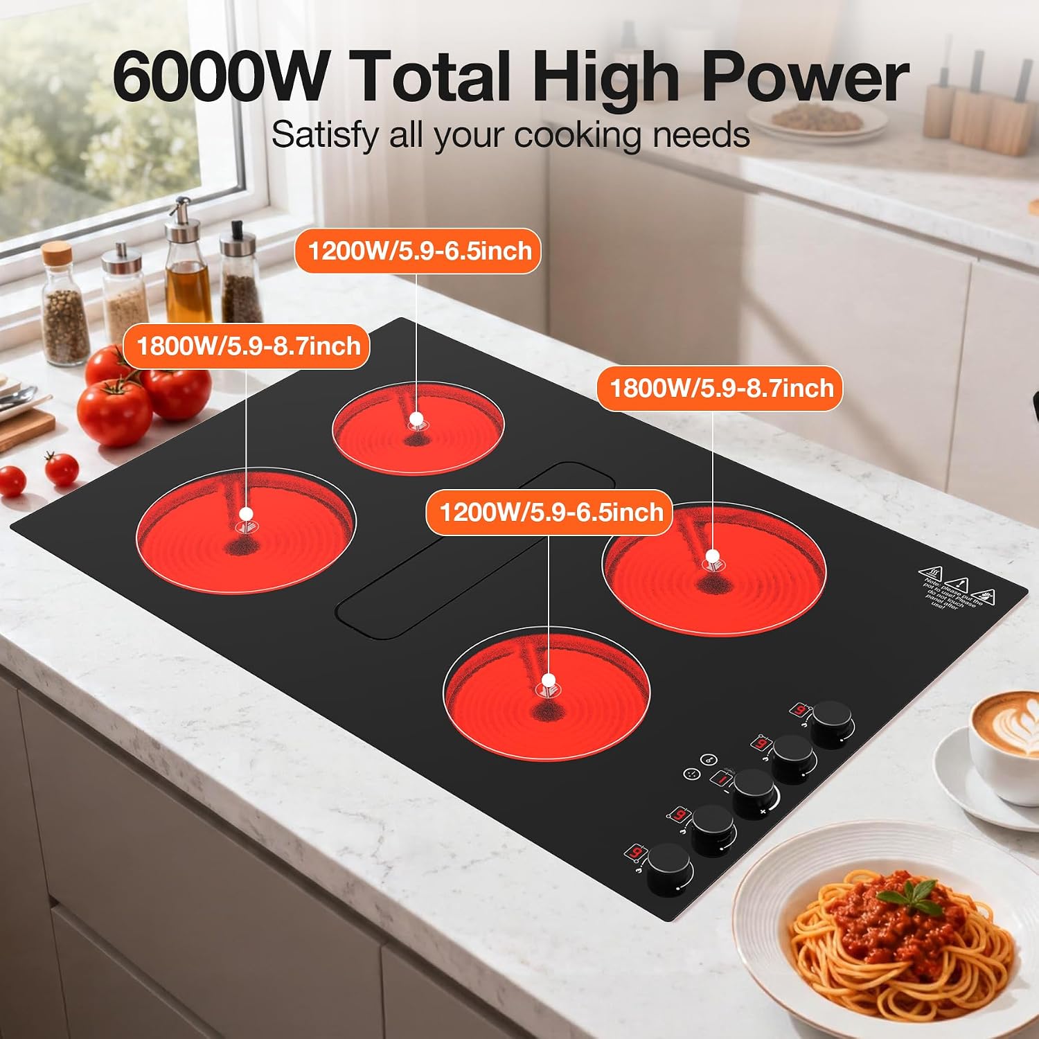 30 Inch Electric Cooktop with Downdraft: 4 Burner 220V Electric Stove Top with 10 Power Levels, Safety Lock - 6000W Built-In Cooktop for Kitchen Island