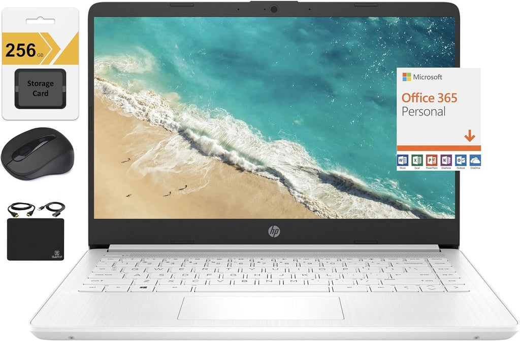 HP New 14' HD Ultral Light Thin Laptop, Quad-Core Intel Celeron Processor, 16GB RAM, 320GB (64GB eMMC+ 256GB Card), Wi-Fi, Upto 11 Hours, Windows 11 S + 1 Year Office 365+HubxcelAccessory, White