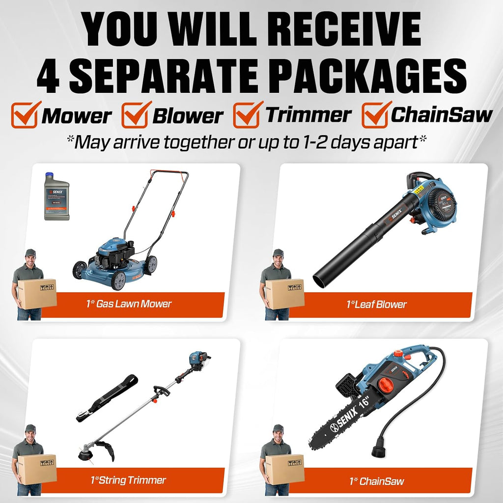 SENIX 17-Inch 26.5 cc Gas Weed Wacker, 20-Inch 144 cc 4-Cycle Gas Lawn Mower, 26.5cc Gas Leaf Blower and 16' Corded Chainsaw Kit