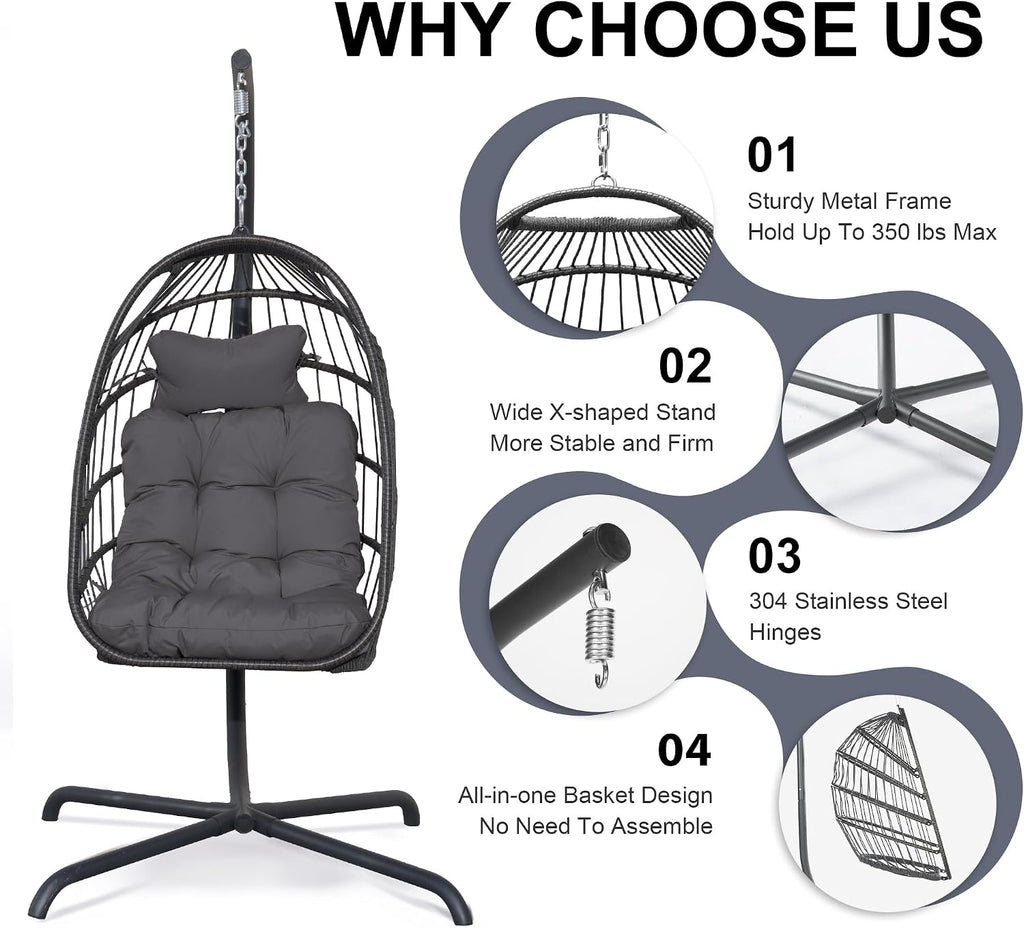 FINCATI Patio Swing Egg Chair with Stand,350lbs Egg Hanging Chair with Stand, Hammock Egg Chairs with Cushion for Outdoor Bedroom Balcony Dark Grey