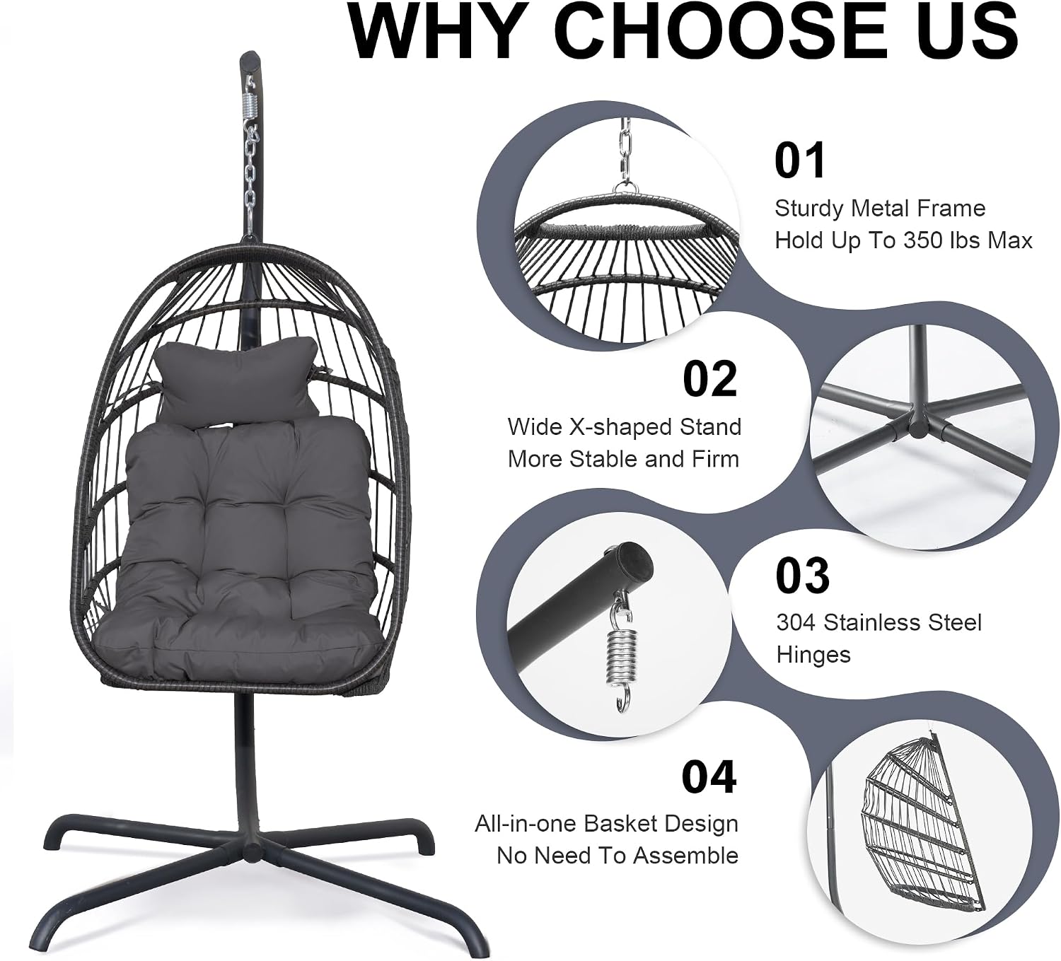 FINCATI Patio Swing Egg Chair with Stand,350lbs Egg Hanging Chair with Stand, Hammock Egg Chairs with Cushion for Outdoor Bedroom Balcony Dark Grey