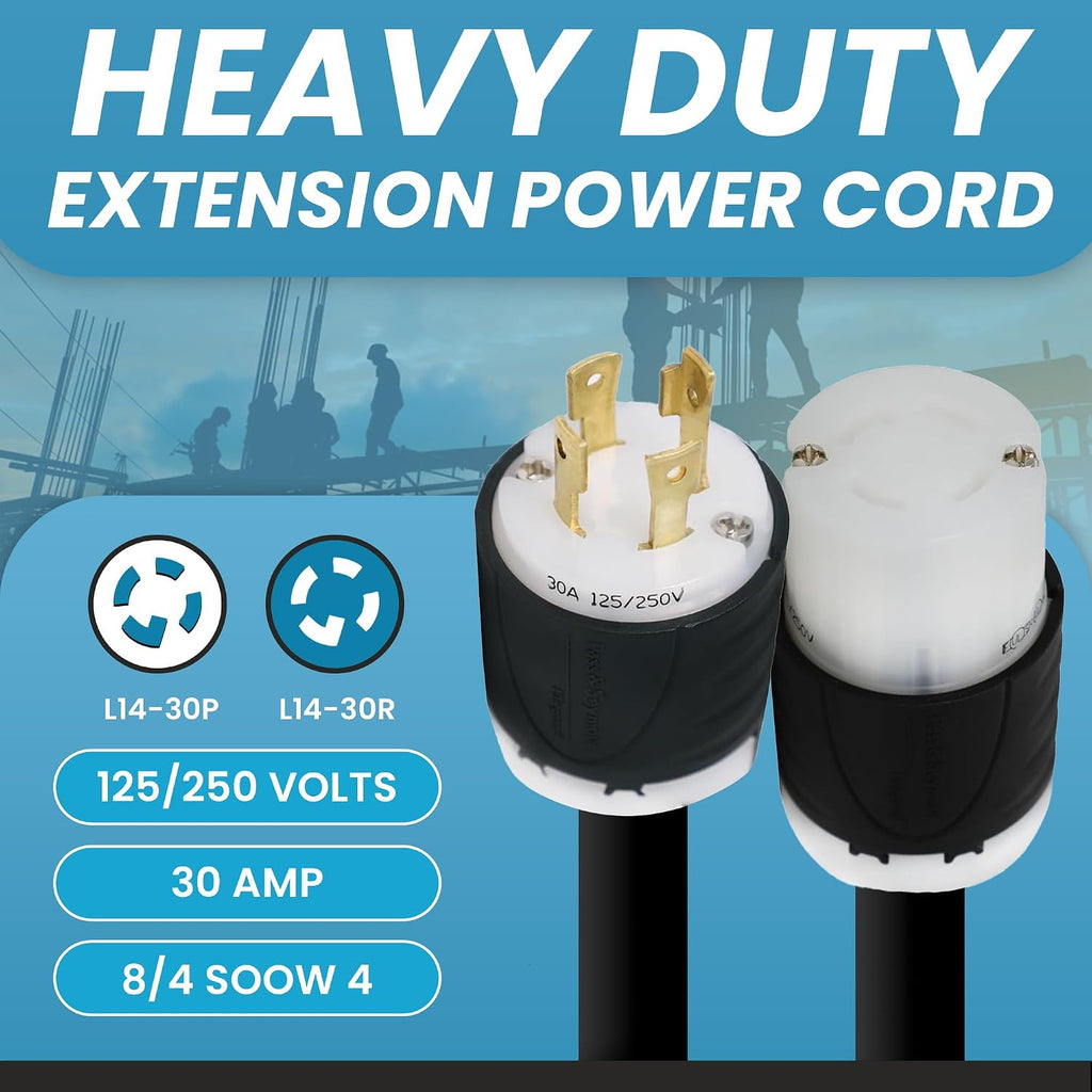 IronBox Electric - Heavy-Duty NEMA L14-30 Generator Extension Cord - L14-30P Plug to L14-30R Connector - Rated for 30 Amps 125/250V 8/4 SOOW 4 Prong Generator Cord - Power Cable for Generators(10 ft)