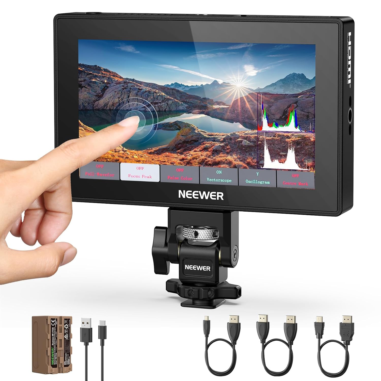 NEEWER 5.5' Camera Field Monitor, 2000nit HD 1920x1080 IPS Touch Screen, 4K HDMI Loop in/Out with 3D LUT Peak Focus DSLR Video Assist HDR Waveform, 5200mAh F750 Battery, DC7-24V/Type C 5V In, F500 PRO