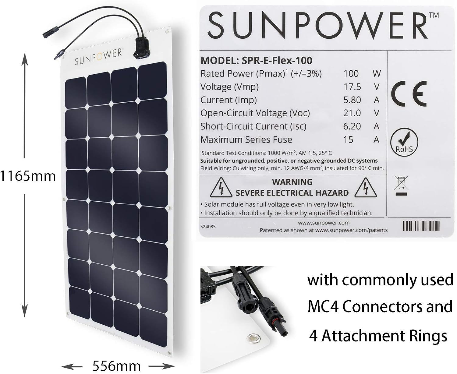 ExpertPower 100W Flexible Solar Panel| High-Efficiency Module with Monocrystalline Maxeon Solar Cells for RV, Boat, Camping and Generator Charging Applications