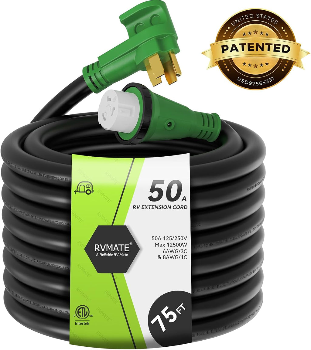 RVMATE 50 Amp 75 Feet RV/Generator Lockable Power Extension Cord, Easy Plug in Handle, 14-50P to SS 2-50R with LED Indicator, ETL Listed