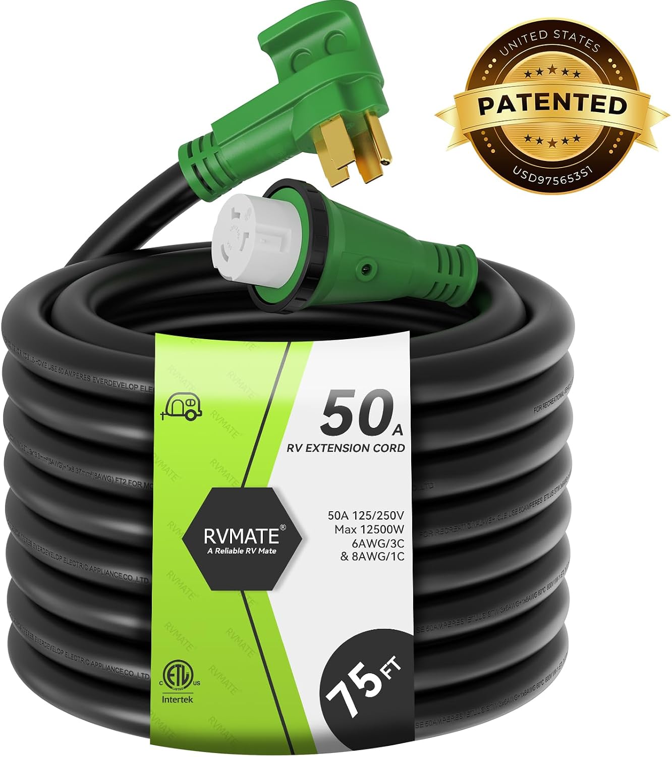RVMATE 50 Amp 75 Feet RV/Generator Lockable Power Extension Cord, Easy Plug in Handle, 14-50P to SS 2-50R with LED Indicator, ETL Listed