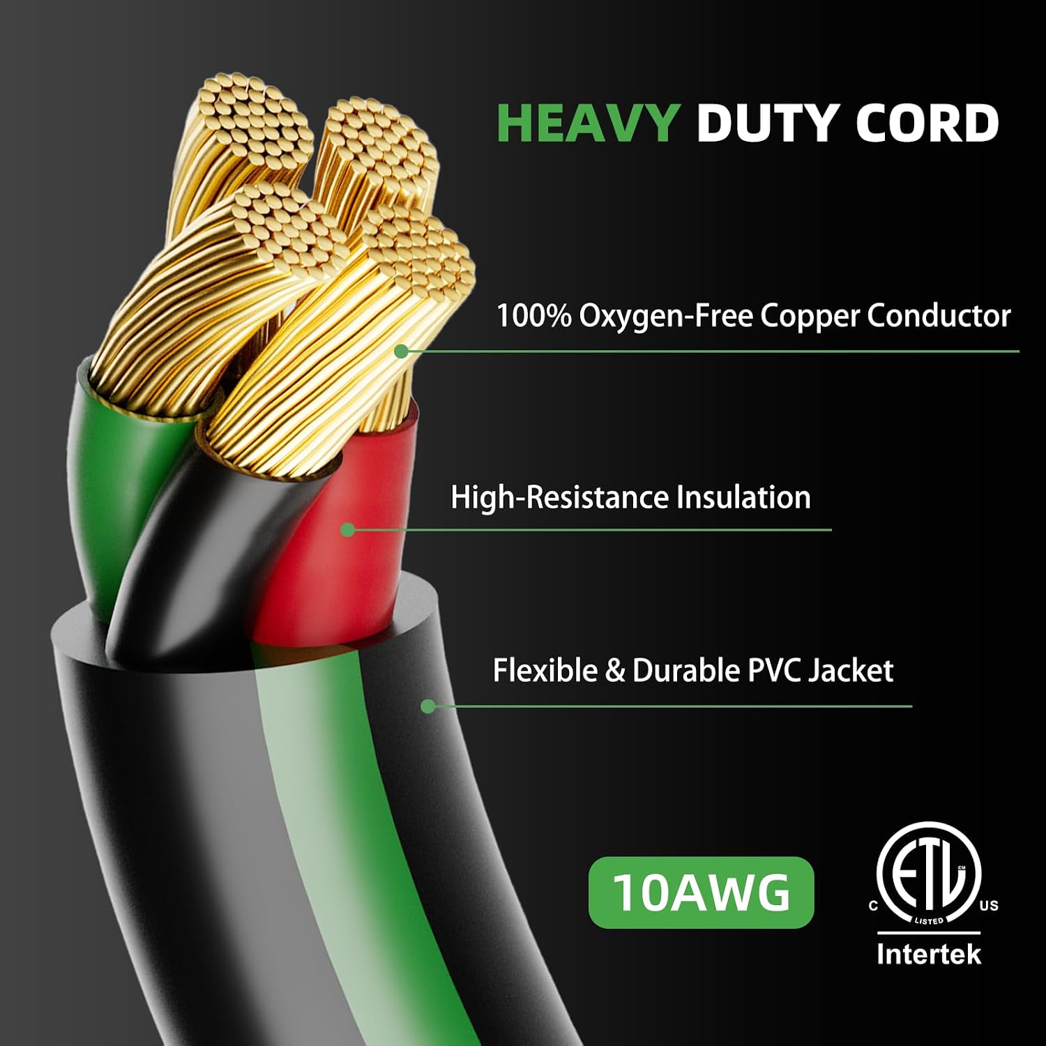 4 Prong 30 Amp Extension Generator Cord 100FT, NEMA L14-30P/L14-30R, 125/250 Volt Up to 7500 Watts, 10 Gauge SJTW Twist Lock Power Cord for Manual Transfer Switch, Black&Green, ETL Listed