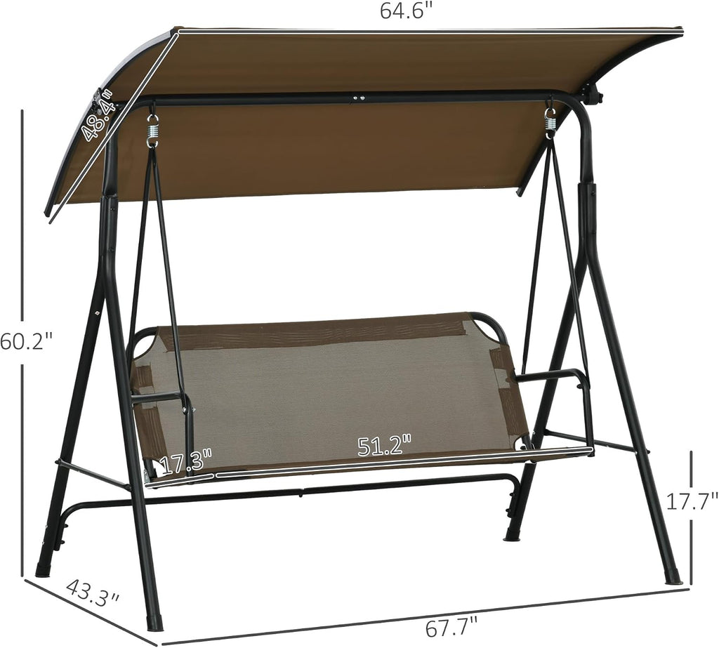 Outsunny 3-Person Porch Swing with Stand, Outdoor Swing for Patio Porch with Adjustable Tilt Canopy and Comfortable Swing Bench-Style Seat, Steel Frame, Brown