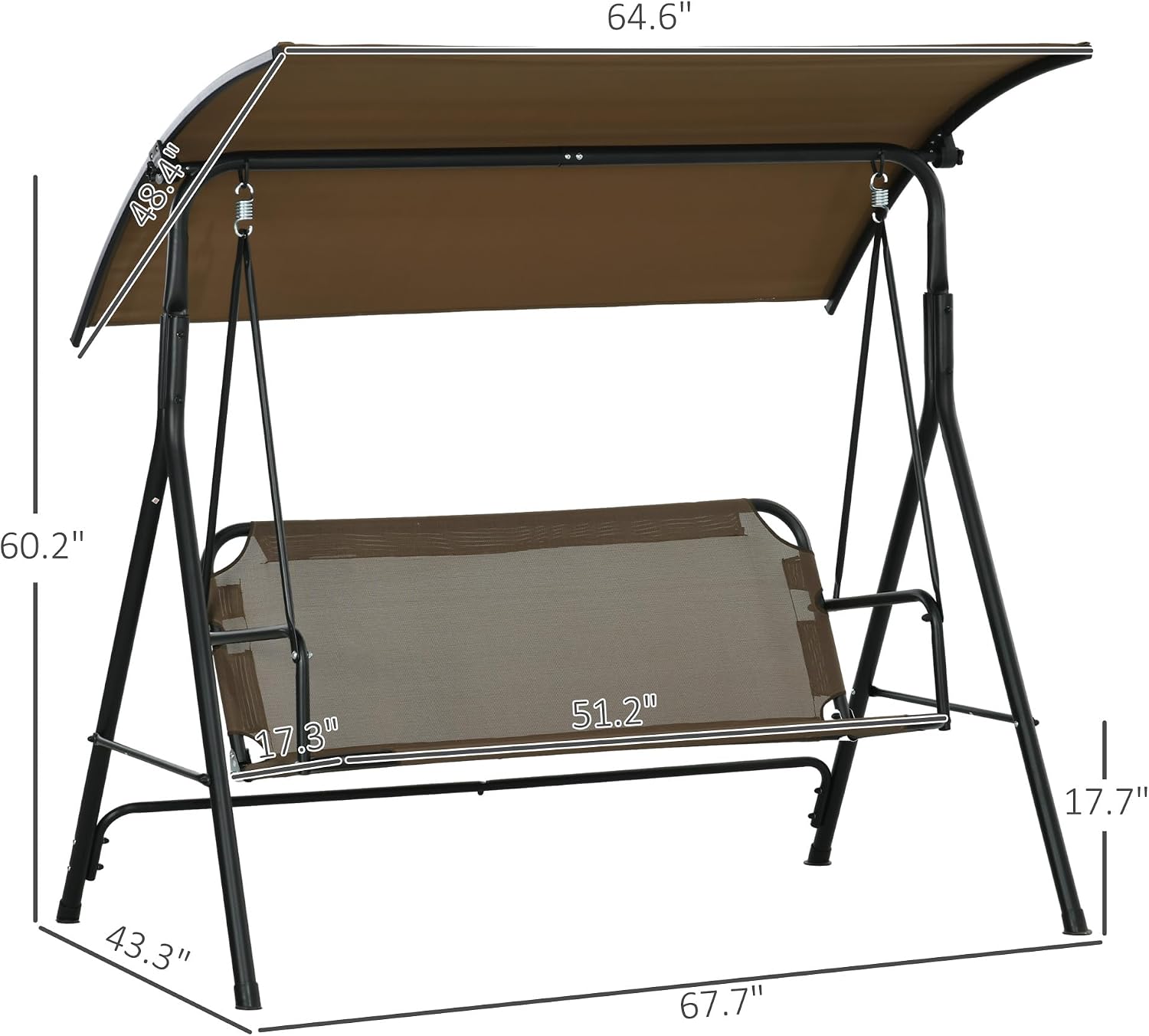Outsunny 3-Person Porch Swing with Stand, Outdoor Swing for Patio Porch with Adjustable Tilt Canopy and Comfortable Swing Bench-Style Seat, Steel Frame, Brown