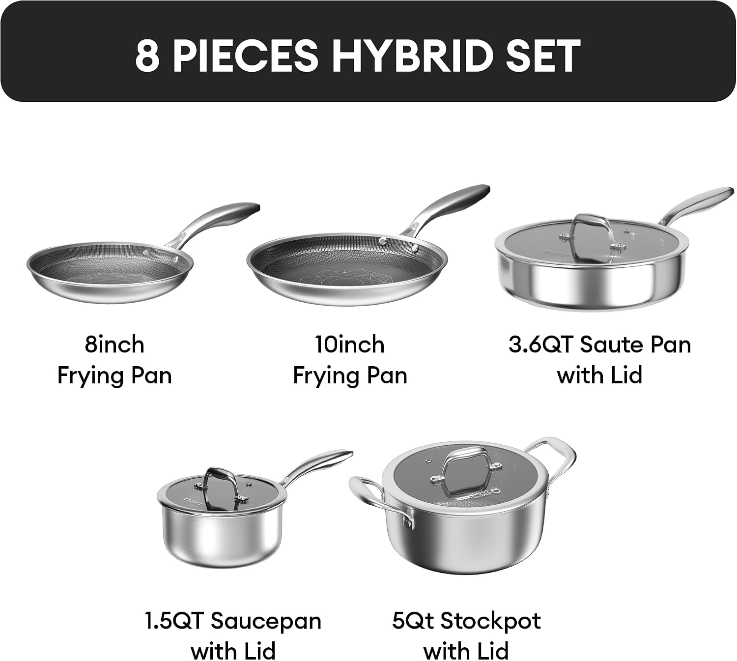 COOKER KING Stainless Steel Cookware Set, Pots and Pans Set Non Stick, Frying Pans, Saucepan, Saute Pan & Stock Pot, Non Toxic, Induction, Oven, Dishwasher Safe, PFOA Free