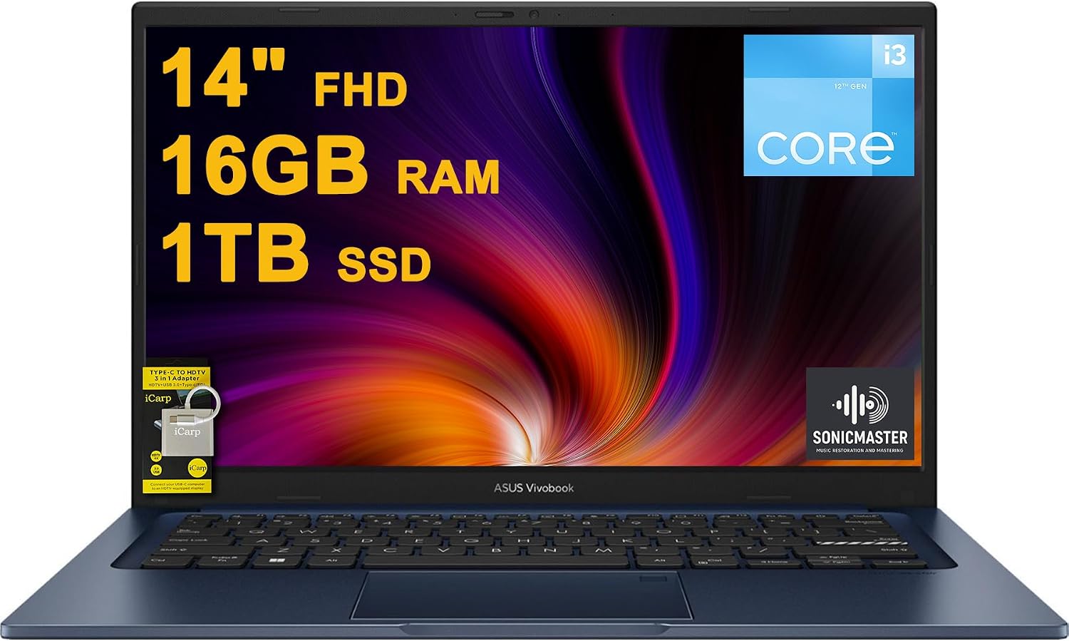 ASUS VivoBook 14 Business Laptop 14' FHD Anti-Glare Intel 6-core i3-1215U 16GB DDR4 1TB SSD Type-C Privacy Camera SonicMaster Fast Charging Win11 ICP Hub