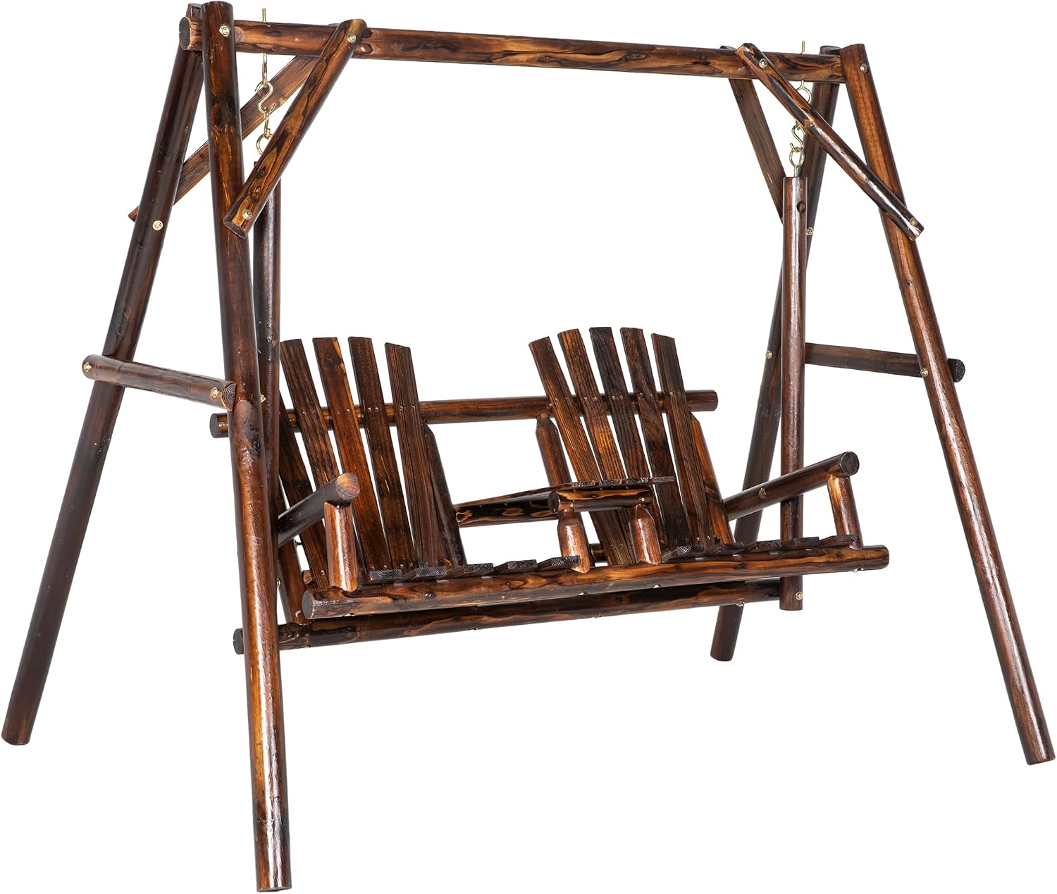 Outsunny Wooden Porch Swing with Stand, 2-Seat Patio Swing Chair with Center Table, for Garden, Poolside, Backyard