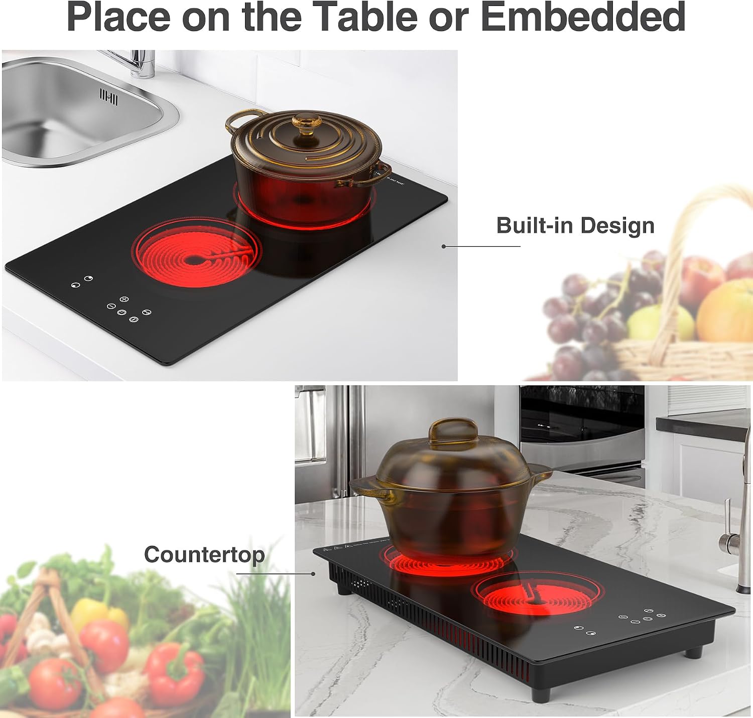 GIHETKUT Electric Cooktop,Built-in and Countertop Electric Stove Top, 2100W 110V Electric Burner 9 Heating Level, Timer & Kid Safety Lock, Sensor Touch Control 2 Burner Electric Cooktop.