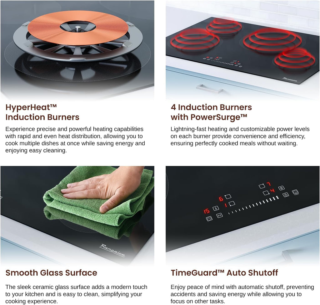 Rangaire RCI301S 30' Induction Cooktop, 8100W, 4 Burners, Built-in Stove Top, Booster & Timer, 9 Power Levels, Slide Touch Control, Child Safety Lock, 240V Hard Wire, Ceramic Surface