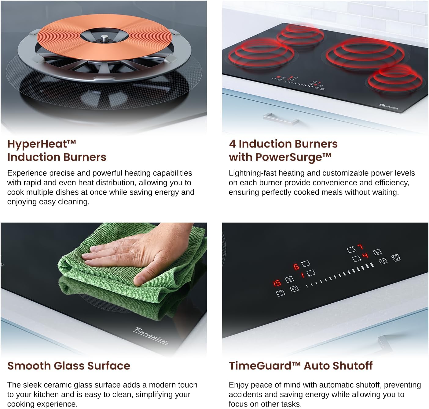 Rangaire RCI301S 30' Induction Cooktop, 8100W, 4 Burners, Built-in Stove Top, Booster & Timer, 9 Power Levels, Slide Touch Control, Child Safety Lock, 240V Hard Wire, Ceramic Surface