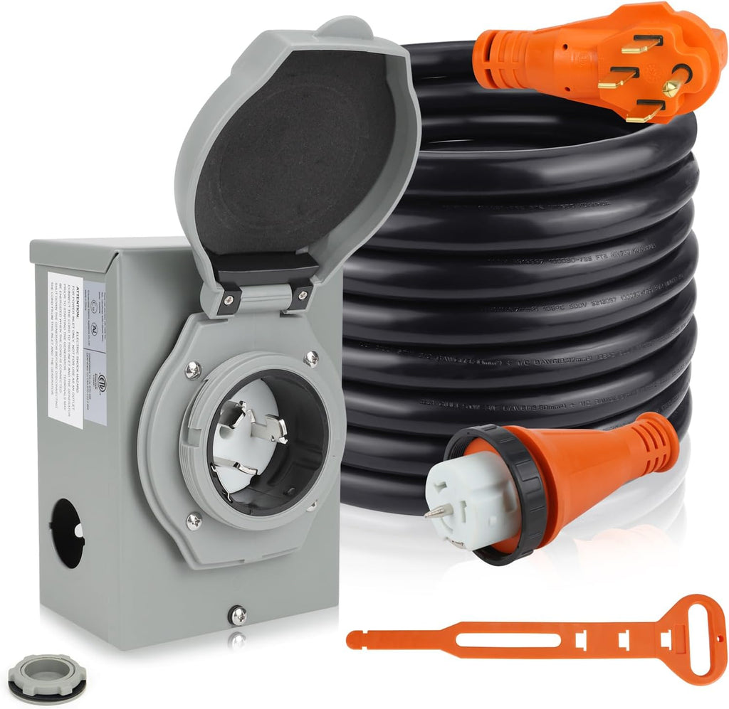 50Amp Generator Cord 25FT and Power Inlet Box,125/250V,4 Prong NEMA 14-50P to SS2-50R Generator Cable with NEMA SS2-50P Pre-Drilled Generator Inlet Box for Generator to House,Waterproof