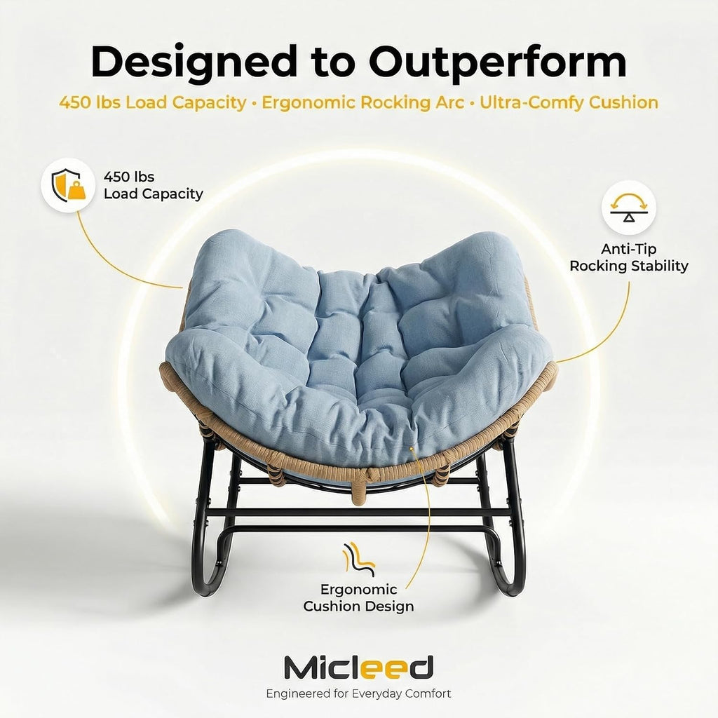 Oversized Papasan Rocking Chair Outdoor, Comfy Wicker Patio Papasan Egg Rocker with Thick Cushion for 450 lbs, Indoor Lounge Reading Chair for Living Room, Porch, Garden, Balcony, Bedroom-Blue