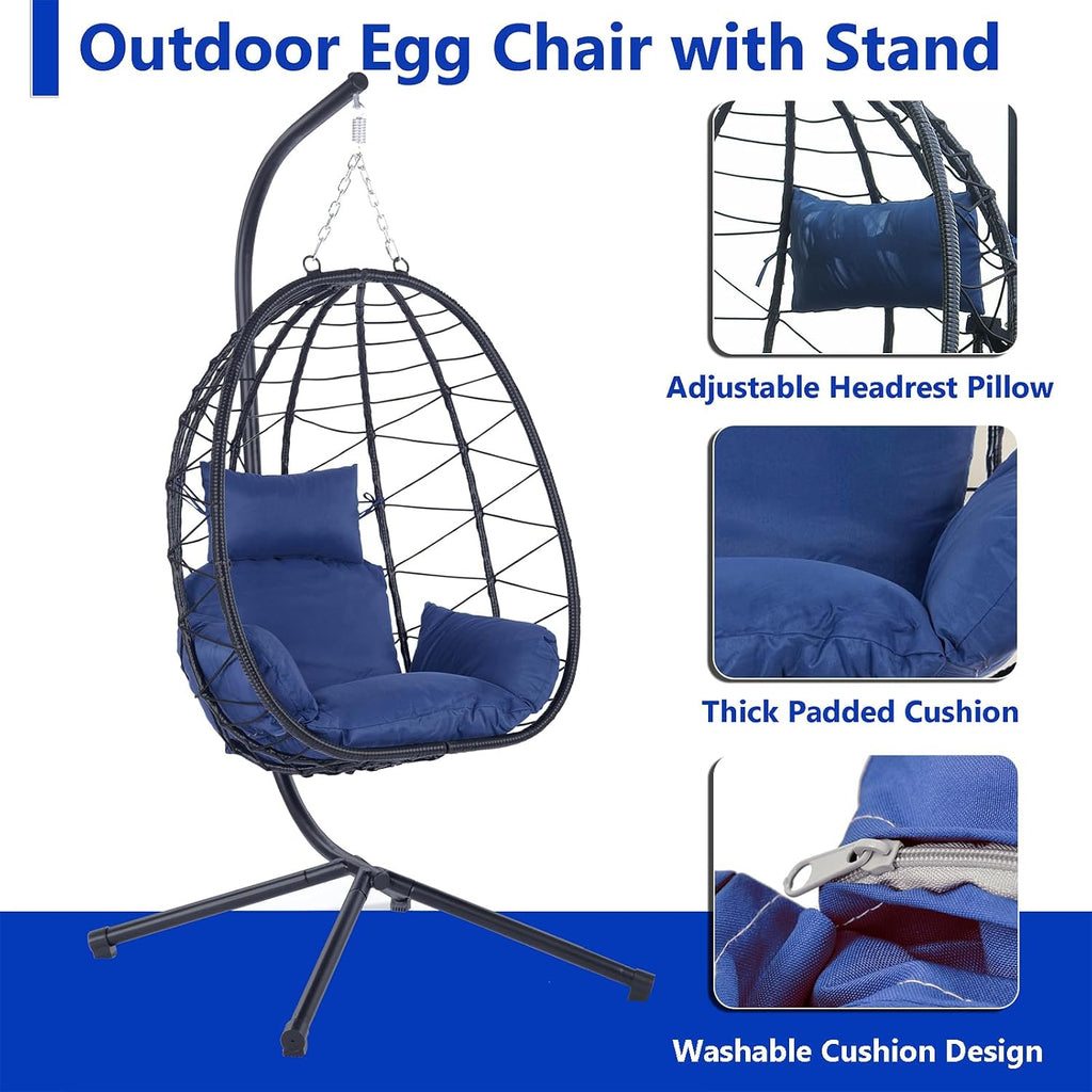 Hanging Egg Chair with Stand, Black Wicker Rattan Swing Egg Chair, Indoor Outdoor Swing Chair for Patio Balcony Porch Bedroom, 350 LBS Capacity (Navy Blue)