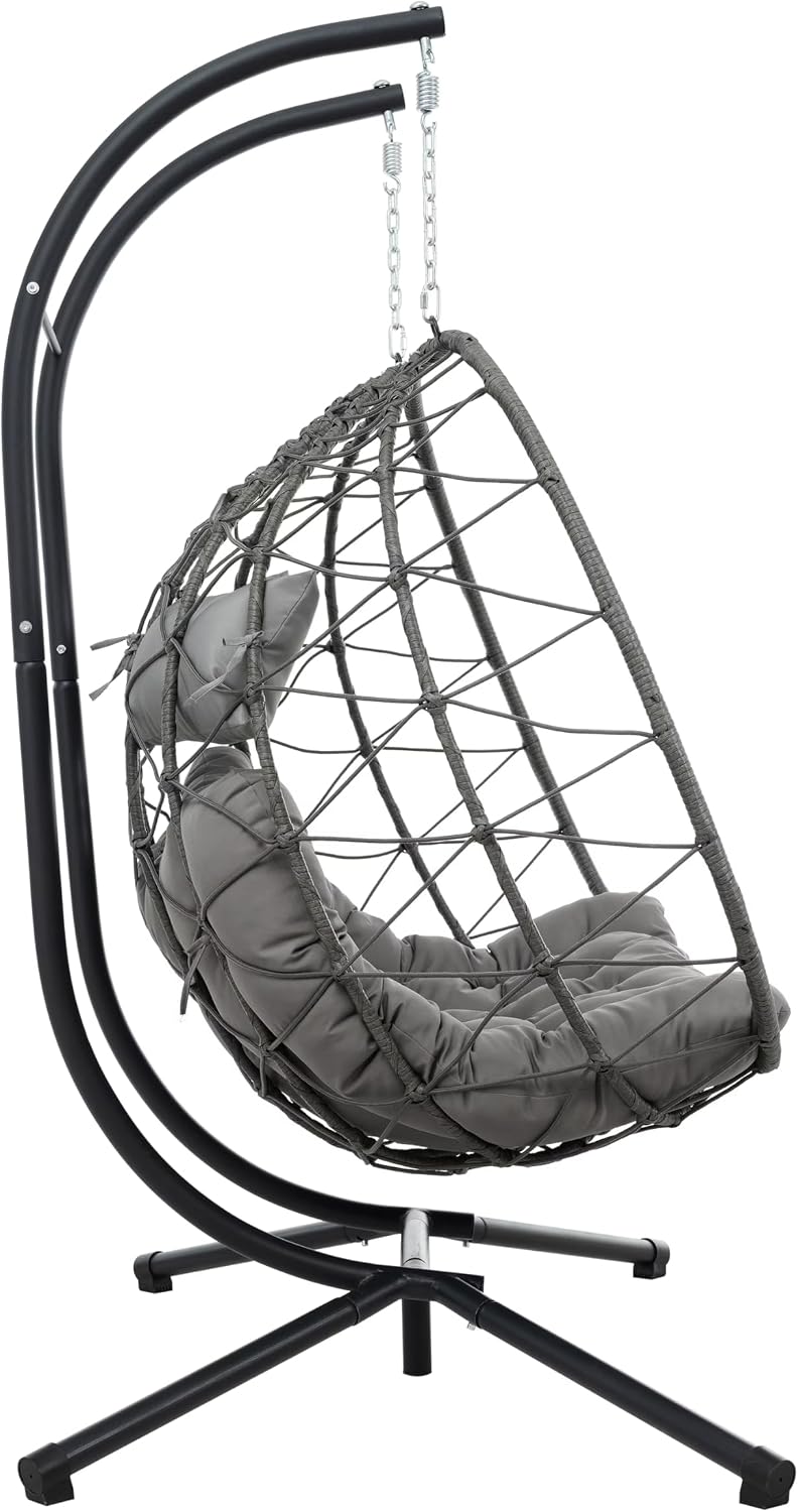 2 - Person Hanging Egg Chair with Stand, Steel Frame, for Outdoor & Indoor Use Double Wicker Egg Chair for Patio, Garden, or Balcony Light Gray