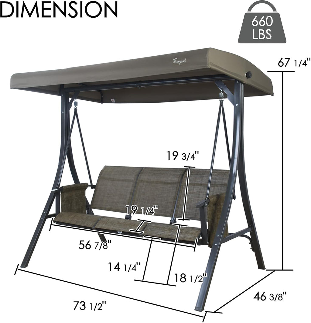 Kozyard Brenda 3-Seat Outdoor Porch Swing Glider, Patio Swing with Adjustable Canopy, Steel Frame, Breathable Textilene Seat & Back, Side Pockets (Taupe)