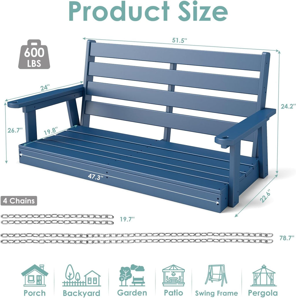 IVY&LANE Outdoor Porch Swing | HDPE Plastic | 2-Person | Hanging Bench Swings | Weatherproof | 4 Stainless Steel Chains | Blue | for Outside Patio Garden Backyard Tree