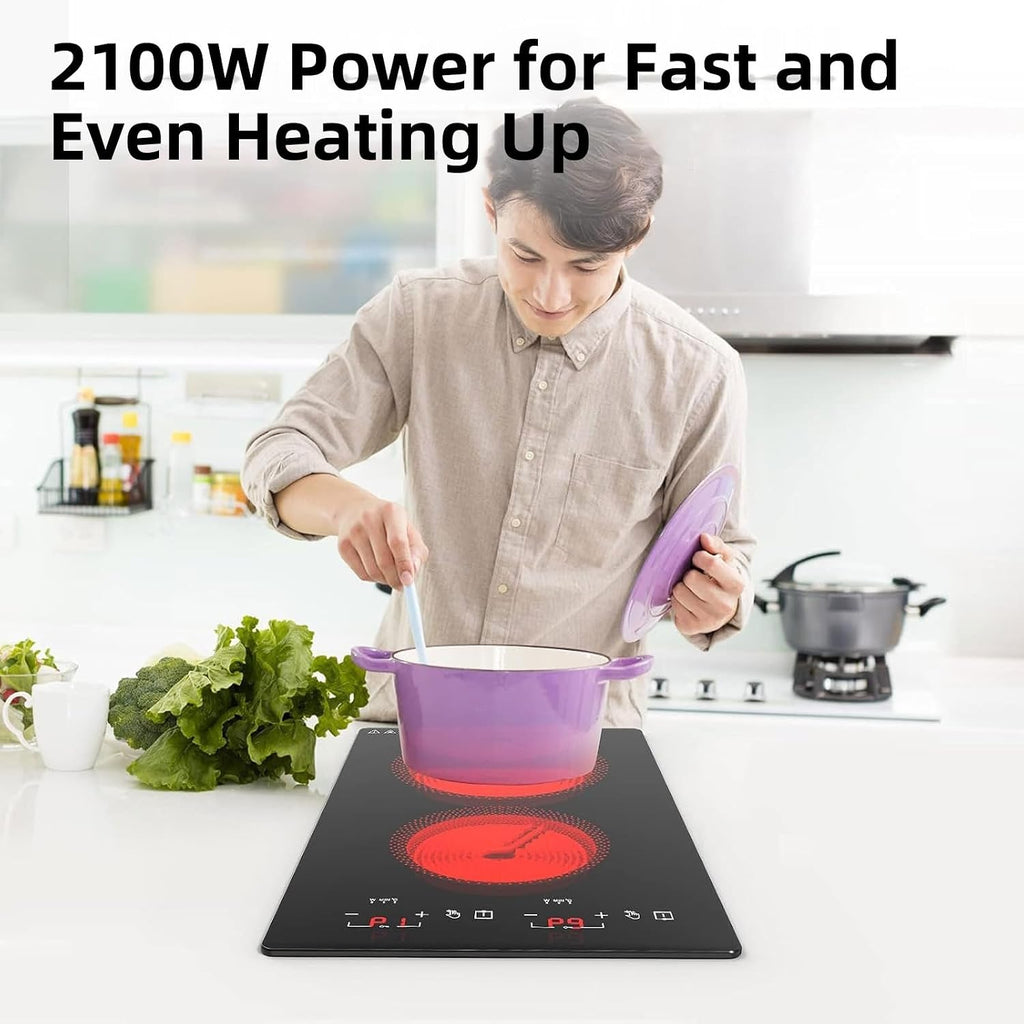 Electric Cooktop 2 Burners 2100W, 110v-120v Electric Stove Top 12 inch, Countertop & Built-in Cooktop, 20 Temperature 9 Power Levels, Child Lock, Timer, Over-Heat Protection