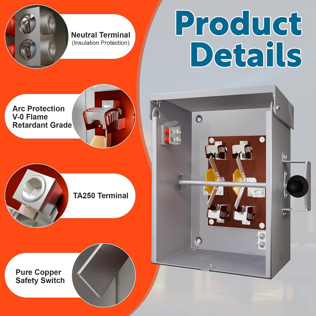 200A 2/3 Pole Generator Transfer Switch, 120/240V Manual Transfer Switch for Home Generator, 48000W General-Duty Double-Throw Heavy Duty Safety Switches for Indoor and Outdoor (200A-2/3P)