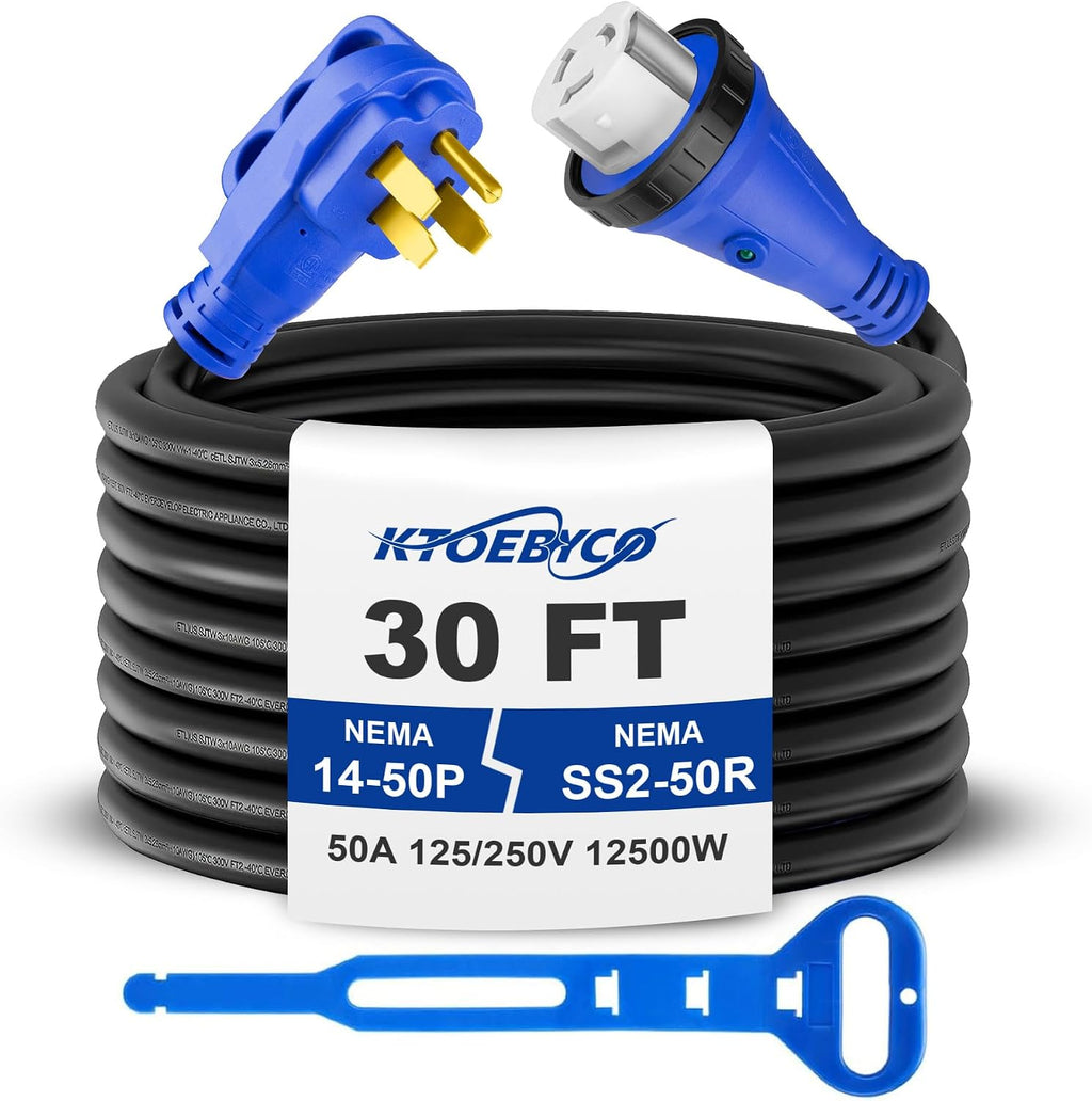 50 Amp 30FT RV Extension Cord, ETL Listed Heavy Duty Copper NEMA 14-50P to SS2-50R Power Cord with Twist Lock and Polarity Indicator