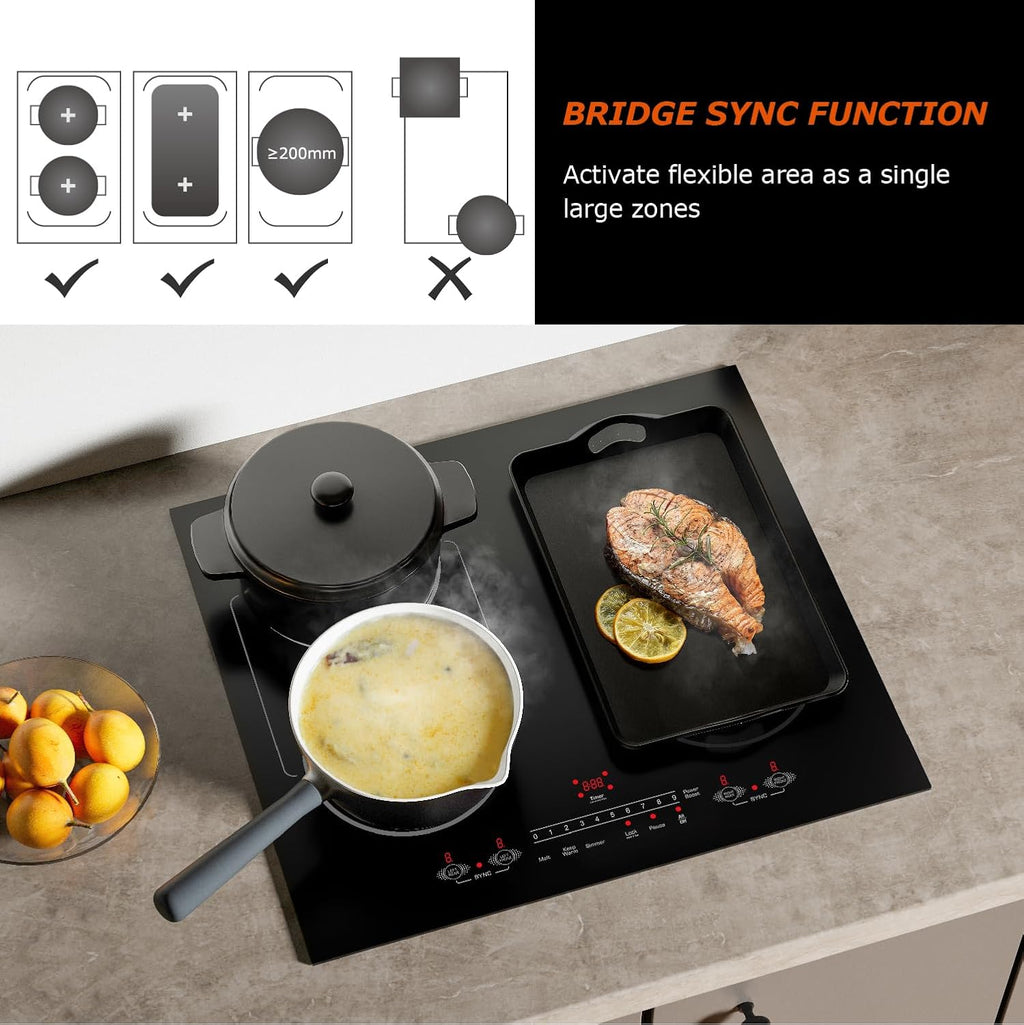 24 Inch Induction Cooktop 4 Burners, Flat Glass Top Electric Stove Hob with Bridge-SYNC, 3 Preset Modes Booster, Timer, Pause, Child Lock, Drop in, 208~240V/40A, Black