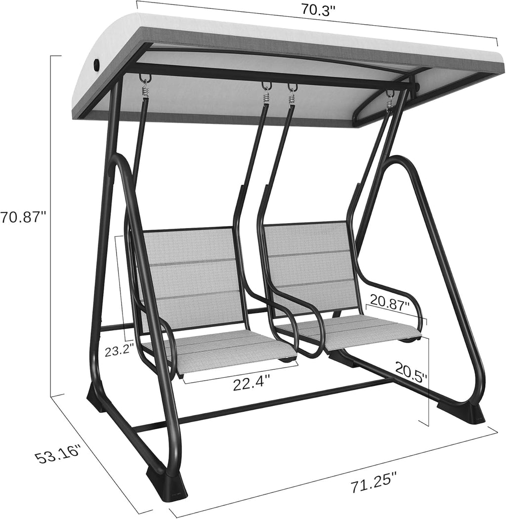 East Oak 2-Person Outdoor Patio Swing Chair with Adjustable Canopy, Porch Swing with Comfortable and Breathable Seats, Independent Swing Chairs for Garden, Balcony, Backyard, Charcoal Black