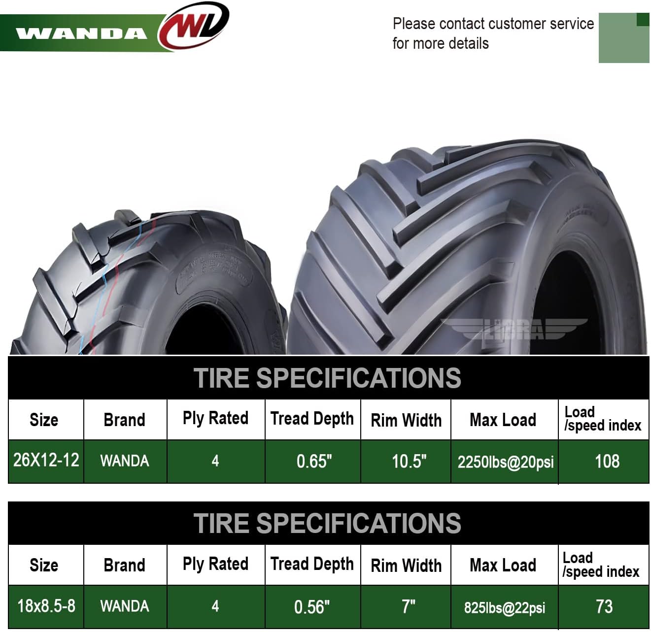 WANDA Set 4 18X8.5-8 & 26X12-12 Lawn Mower Agriculture Farm Tractor Tires Super Lug 4 Ply-13079/13215