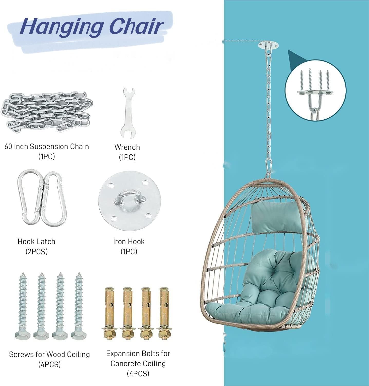 KEIKI Hanging Egg Chair, Outdoor Patio Swing Basket Egg Chair with Cushion, 360LBS Load Rattan Wicker Hammock Chair for Balcony, Garden, Living Room, Natural+Khaki