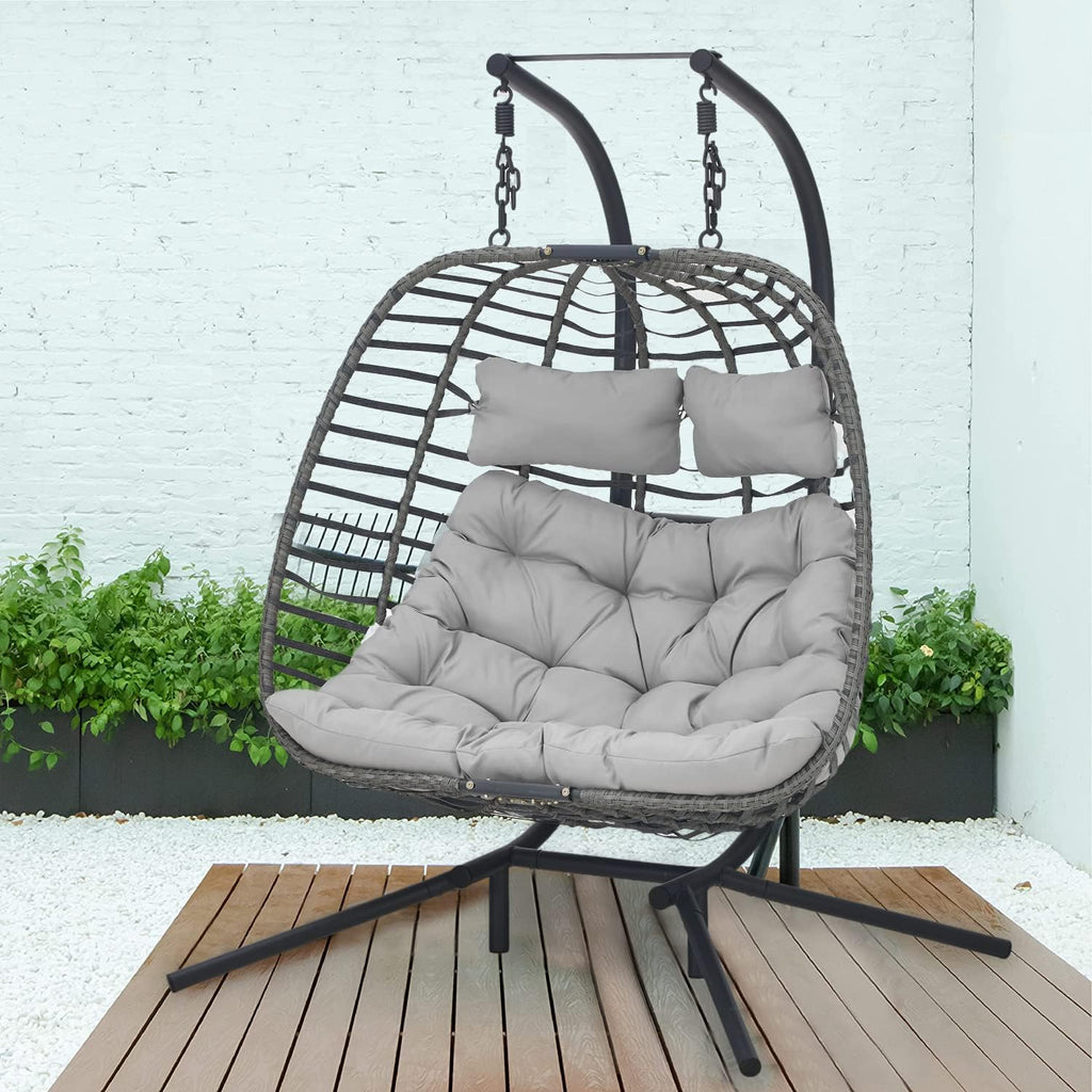 Indoor Outdoor Patio Wicker Hanging Chair Swing Chair Patio Egg Chair UV Resistant Cushion Aluminum Frame (Light Grey with 2 seat)