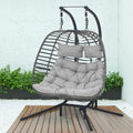 Indoor Outdoor Patio Wicker Hanging Chair Swing Chair Patio Egg Chair UV Resistant Cushion Aluminum Frame (Light Grey with 2 seat)