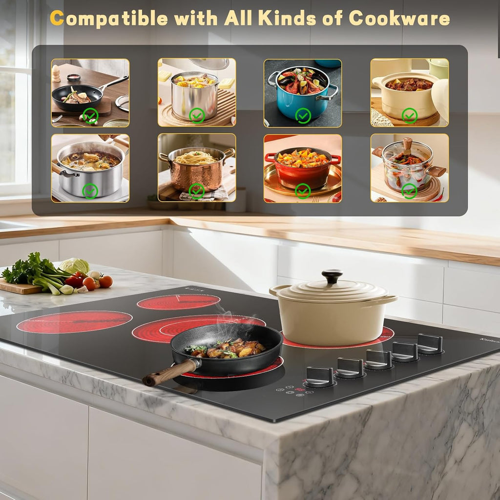 Karinear 36 Inch Electric Ceramic Cooktop, 5 Burner Radiant Electric Stove Top with Knob & Touch Control, 8900W High-Power Built-in Hob, 9 Heat Levels, 99-Min Timer, Child Lock, 240V Hardwired