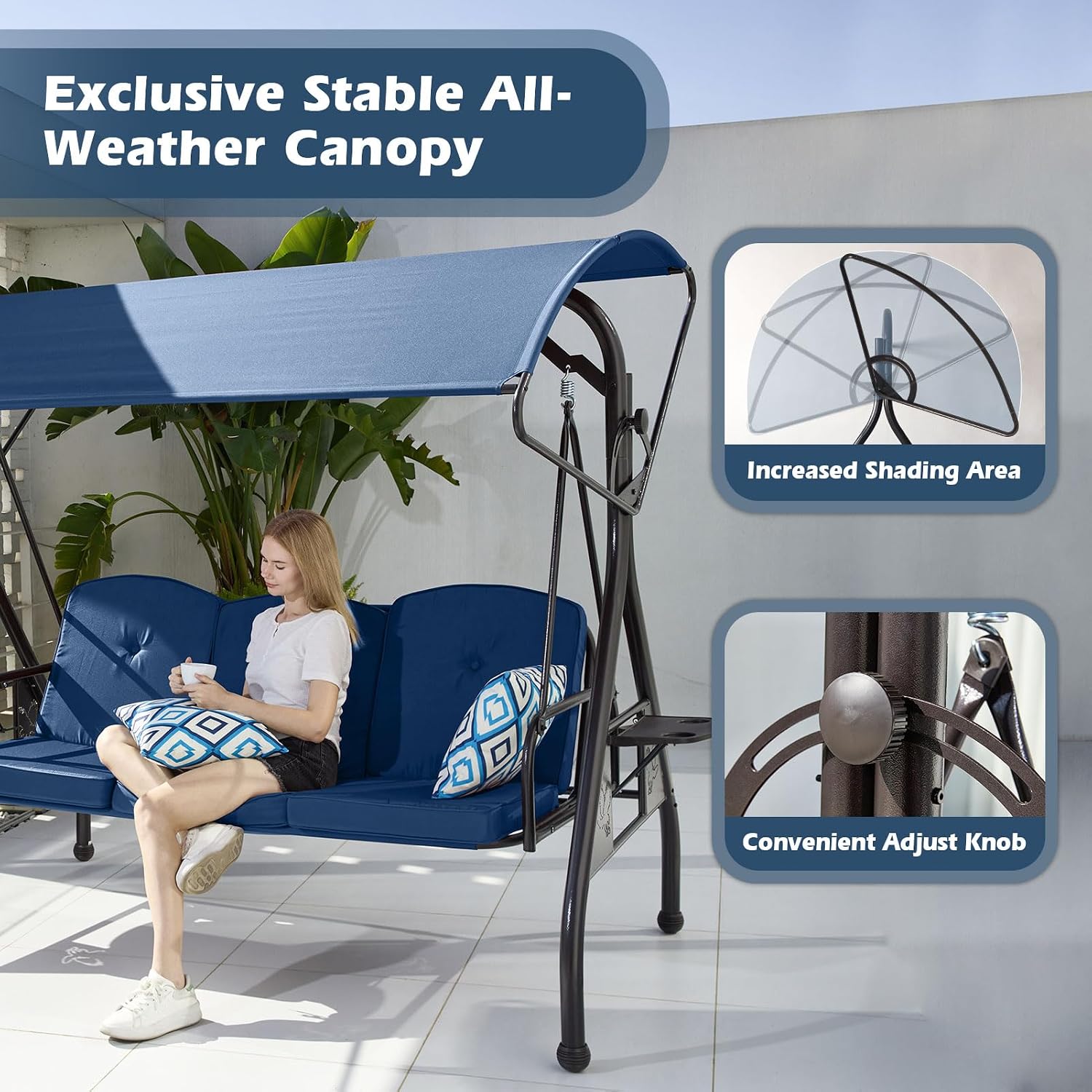 ZZW 800LBS Patio Swing with Canopy 3 Seat Outdoor Porch Swing with Stand w/Cup Holder & Pillow Glider Chair Swing Bed for Patio Backyard Poolside (Blue)