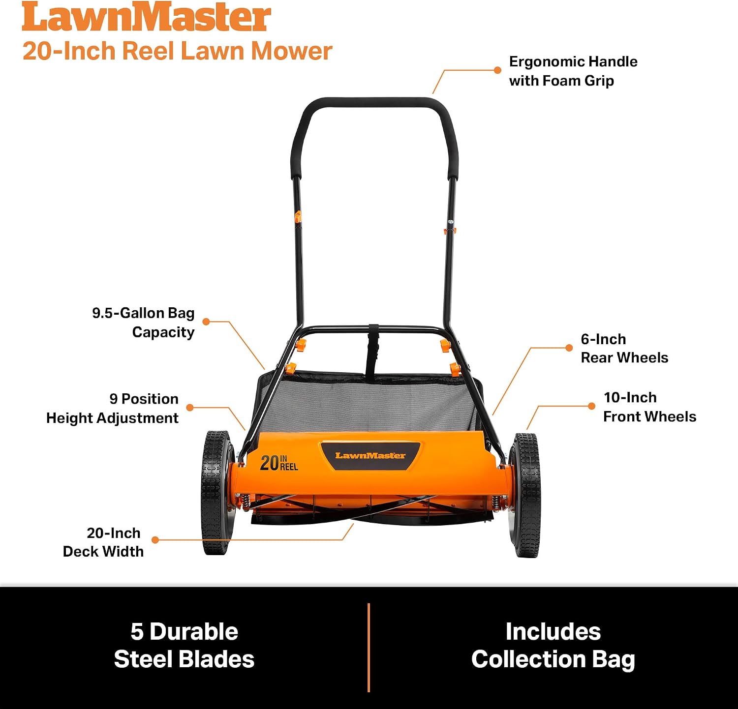 LawnMaster 20' 5-Blade Push Reel Lawn Mower – LMRM2001