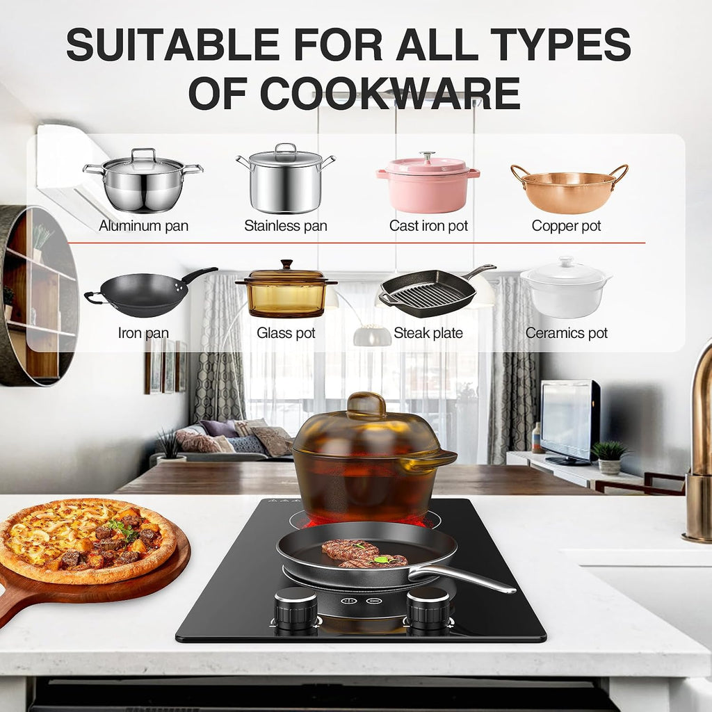 110v Electric Cooktop 2 Burners, 12'' Electric Stove Top with Plug in, Knob Control Countertop & Built-in Ceramic Cooktop, 9 Power Levels, Child Lock, Timer, Over-Heat Protection
