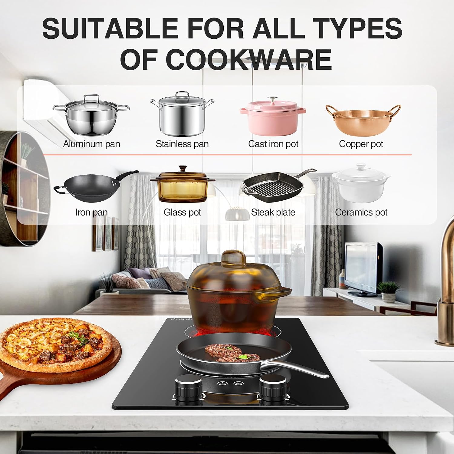110v Electric Cooktop 2 Burners, 12'' Electric Stove Top with Plug in, Knob Control Countertop & Built-in Ceramic Cooktop, 9 Power Levels, Child Lock, Timer, Over-Heat Protection