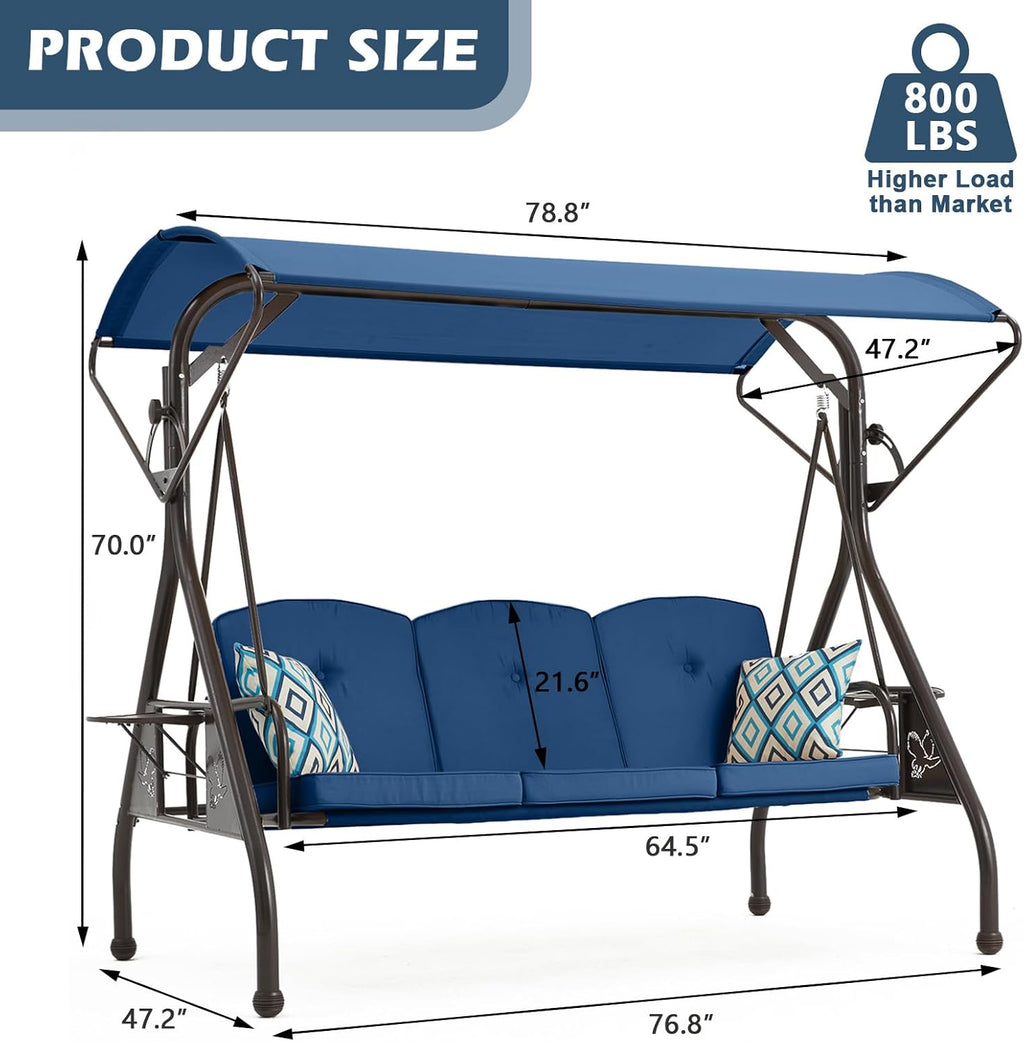 ZZW 800LBS Patio Swing with Canopy 3 Seat Outdoor Porch Swing with Stand w/Cup Holder & Pillow Glider Chair Swing Bed for Patio Backyard Poolside (Blue)