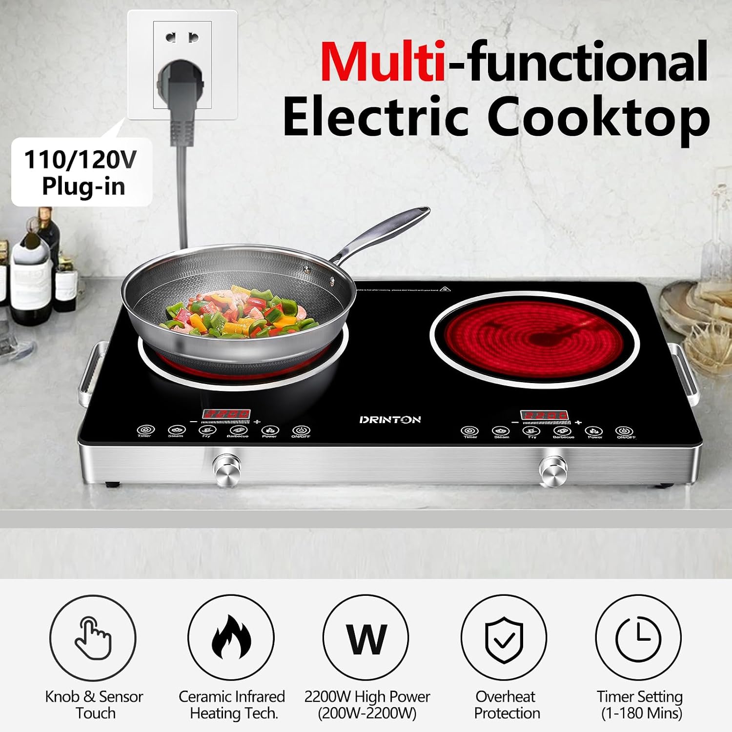 2 Burner Electric Cooktop, 2200W+2200W 110V Electric Double Burner with 3H Timer, Adjustable Temperature for Countertop Cooking, Portable Stove Top Infrared Cooker, Compatible for All Cookware