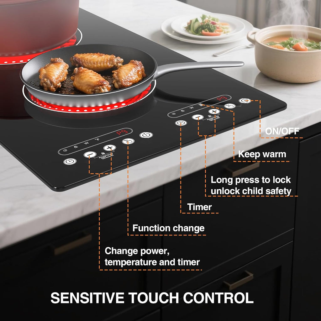 Electric Cooktop 2 Burner: 12 Inch Built-in Electric Stove Top with Dual Heating Rings, Child Lock & Keep-Warm – Portable Countertop Burner for Kitchen, RV, Apartment, All Cookware Compatible