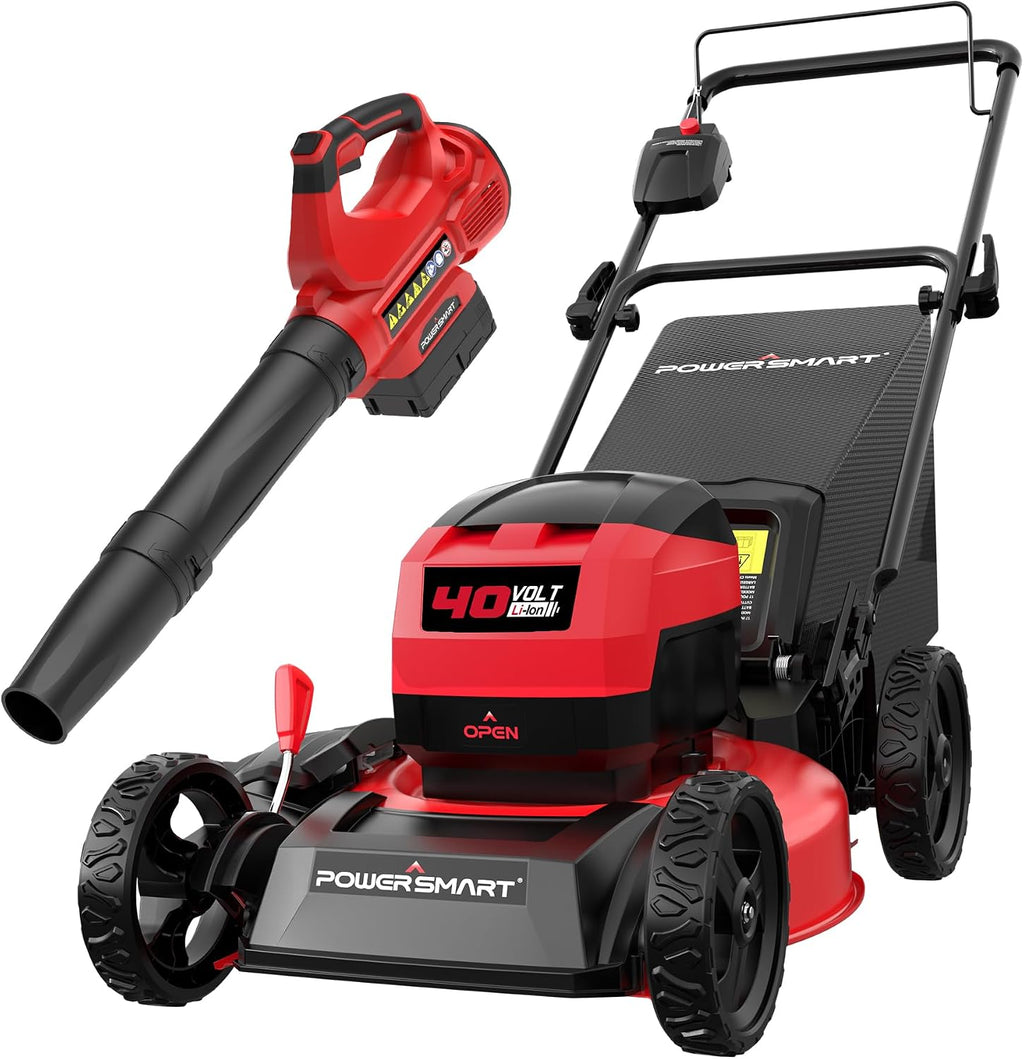 PowerSmart 40V 17' Brushless Cordless Lawn Mower + Leaf Blower (465 CFM), a 4.0Ah Battery and Charger Included