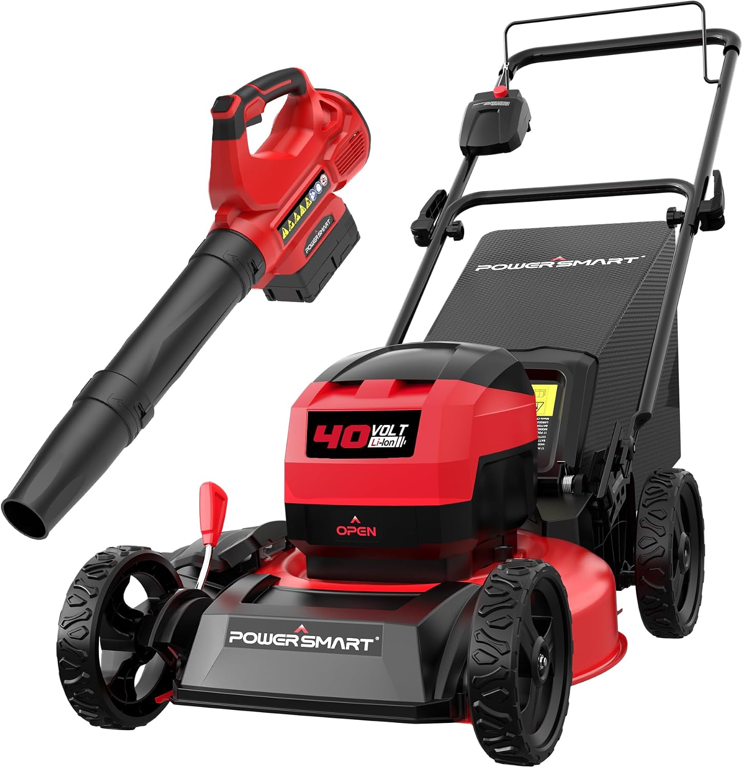 PowerSmart 40V 17' Brushless Cordless Lawn Mower + Leaf Blower (465 CFM), a 4.0Ah Battery and Charger Included